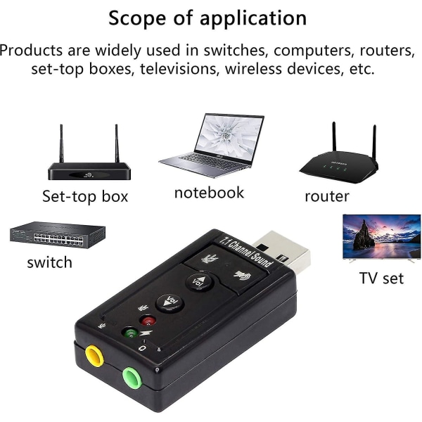 Usb-äänikortti, jossa 3,5 mm:n kuuloke- ja mikrofoniliitäntä, USB 2.0, virtuaalinen 7.1 ulkoinen stereokaiutin
