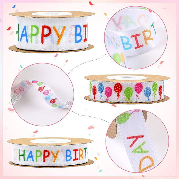 3 rullar Happy Birthday-band, 3/5\" och 1\" bred band för födelsedagstårta i vit satinpolyester