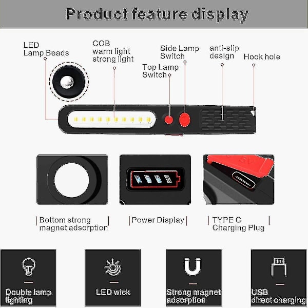 Oppladbar LED arbeidslampe, 2 i 1 dobbeltfarget kombinasjonslys inspeksjonslys og LED lommelykt med dobbel magnet for auto garasje verksted cam
