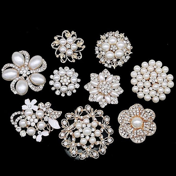 Lot 9stk Rosaguld-Tone Rhinestone Broscher, Stor Perle Krystal Bryllupsbuket Kit Sæt
