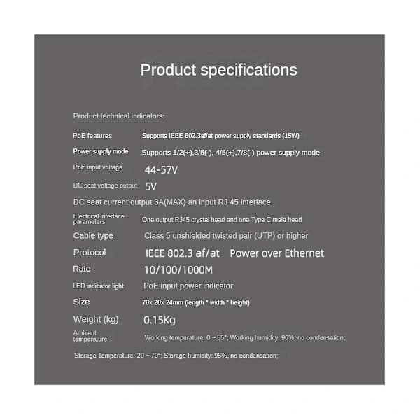 Gigabit PoE-splitter 5V3A 1000 Mbps Typ-C Power Over Ethernet til IP-kamera[CO]