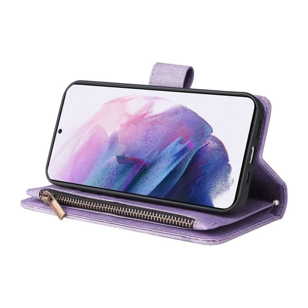 Etui til Samsung Galaxy S22 5G Læder Flip Case Med Kortholder Penge Lomme Magnetiske Knapper Stativ Stødsikker Lilla A