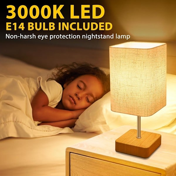 Touch Sängbordslampa, Dimbar Touchkontroll Nattduksbordslampor, Liten Lampa Träbas Beige Linneväv Lampskärm för Sovrum, Dimbar Glödlampa Ingår