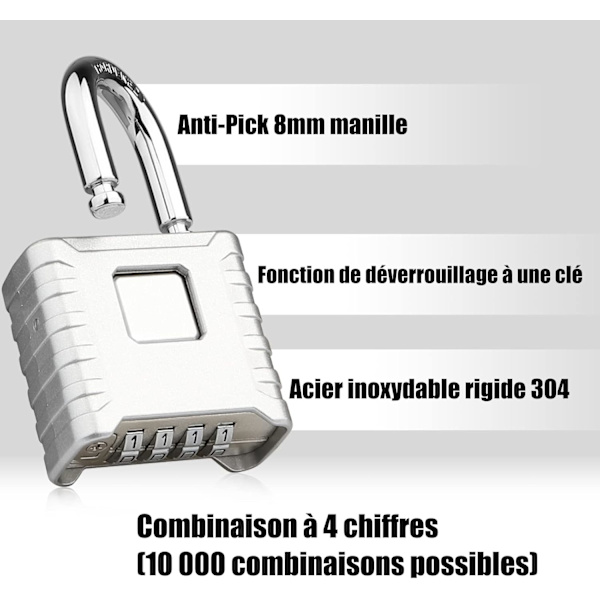 Silver 4-digit combination lock, 52mm waterproof outdoor padlock, Hea
