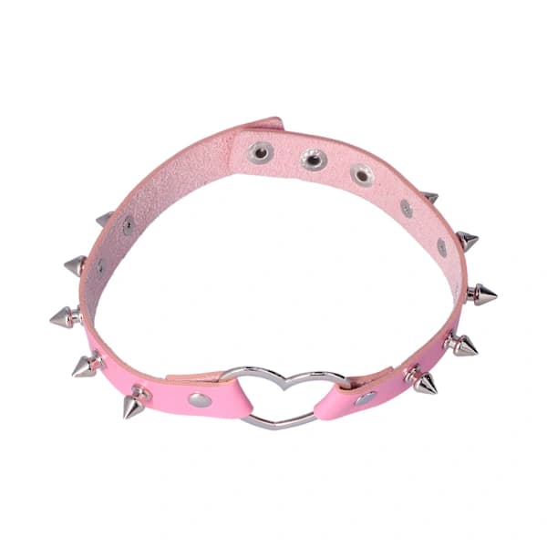 Rosa PU Læder Choker Halskæde med Hjerteformede Legeringsnitter Justerbart Smykketilbehør[co]