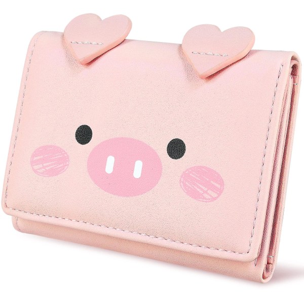 Cute Small Women's Purse, Triple Folded Leather Thin Purse With Rfid For Girls And Women (pig Pink)