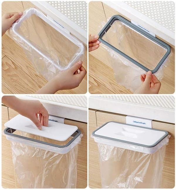 Waste Container with Removable Lid, Hanging Trash Bag Holder, No Installation Required, Portable Trash Bag Holder for Kitchen, Bathroom, Garage, Keep Clean