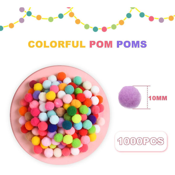 1000 kappaletta 10 mm pom pom -pommeja, cheerleader-palloja askarteluun ja DIY-koristeisiin (satunnainen väri)