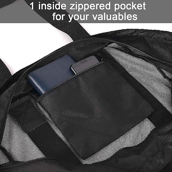 Oversized strandtaske, XL netpose med lynlås og lommer, perfekt til familieture til stranden SORT