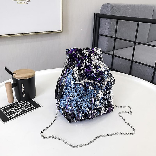 Damväska med dragsko, hinkväska, handväska, clutch, dubbelsidig sjöjungfrupaljett, kedja, axelväska, toteväska, One Size, blå
