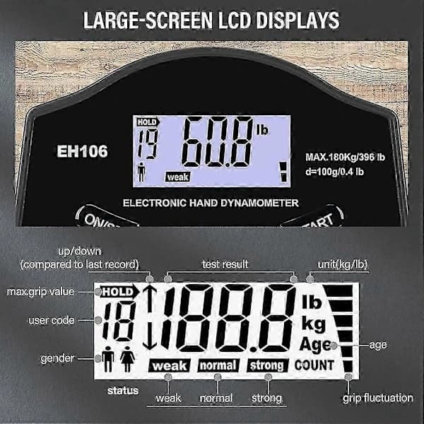 Gripstyrketester, 396Lbs/180Kg Digital Hånd Dynamometer Grebsstyrkemåler USB LCD-skærm Hånd