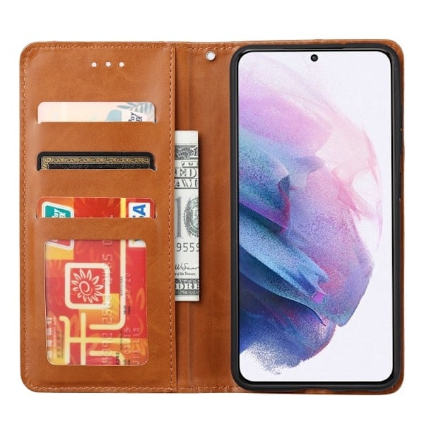Samsung Galaxy S21 FE Flip Læder Etui Med Frontlomme Brun