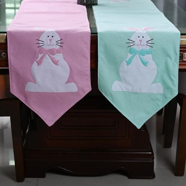 Easter Bunny Table Runner, Spring Flowers Easter Holiday Kitchen Table Runner for Home Party Decoration, Blue
