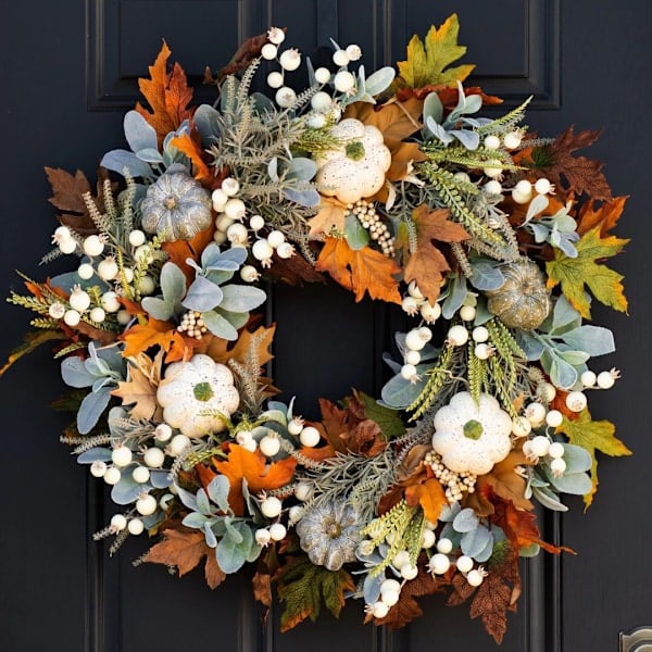 20 tum Thanksgiving höstkrans, eukalyptus, bär, pumpor, lammöron, höstkransar för ytterdörren