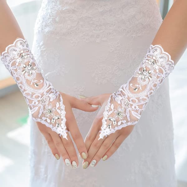Retro Stil Elfenben Blonde Bryllupshandsker Blomst Brud Rhinest
