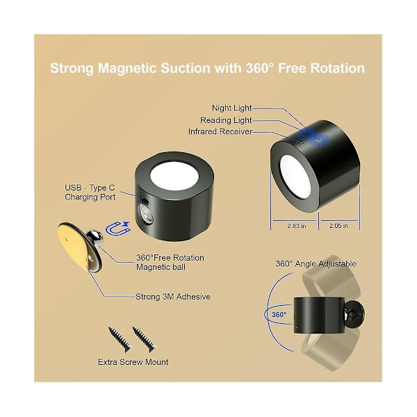 LED-vegglampe med oppladbar trinnløs dimming og 3 fargetemperaturjustering 360 magnetisk rotasjon S