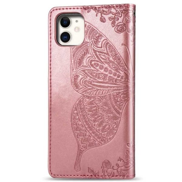 iPhone 12 Mini Pung Etui PU-Læder 4-RUM Motiv Sommerfugl Rosenguld
