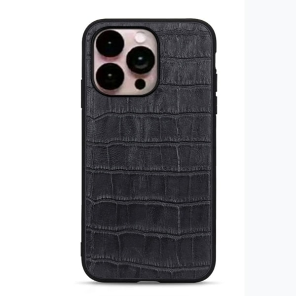 iPhone 14 Pro Max Cover Ægte Læder Krokodille Tekstur Sort