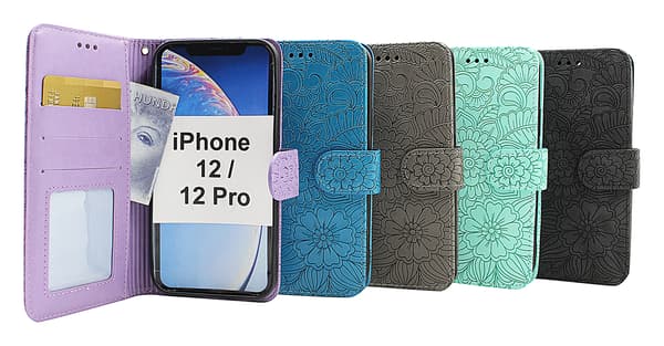 Blomster Standcase Pung iPhone 12 / 12 Pro (6.1) Aqua