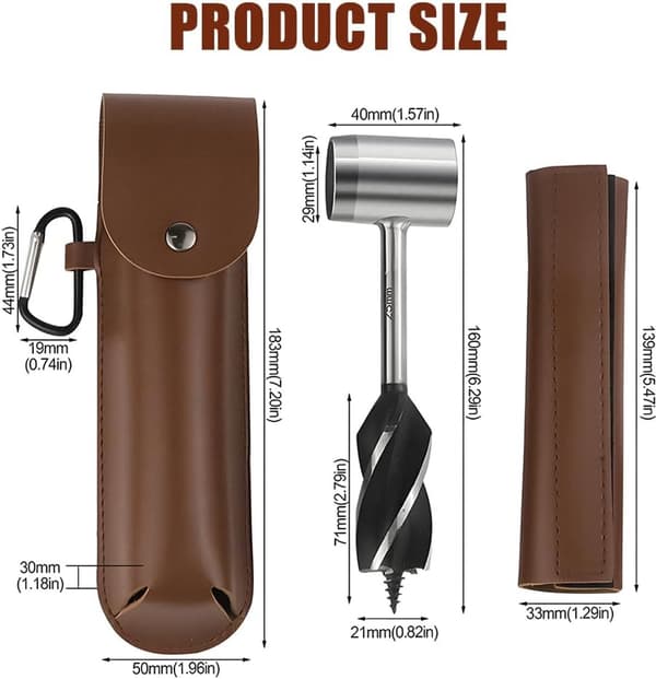 Campinghandsborr för Bushcraft, med läderfodral, träborr, manuell drift, brun