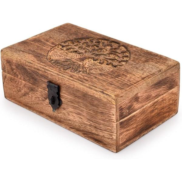 Handgjord Mangoträ Livets Träd Snidad Vacker Minnessak Behållare Smyckeskrin Unik Gåva (Flame Craft Finish)