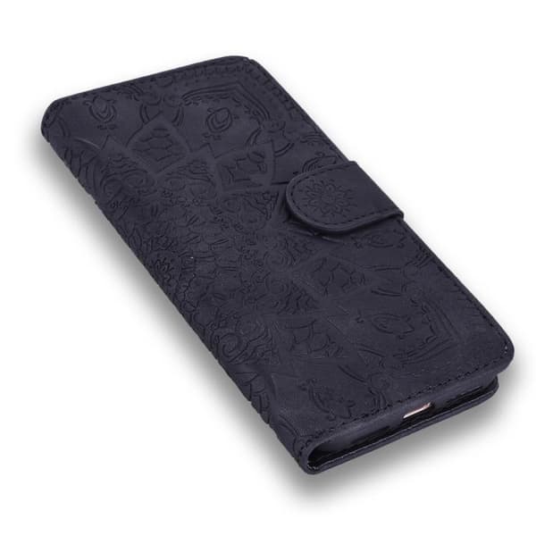 iPhone 17 Pro Max Case Leather Case - Mandala Embossed Double Fold Calfskin Svart