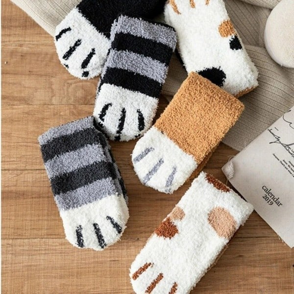 6 Par Varma Vinter Fluffiga Söta Kattass Strumpor Tjock Fleece
