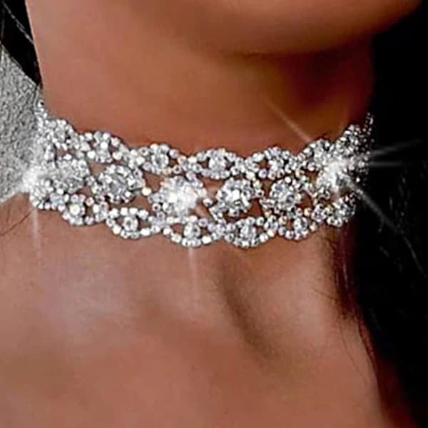 Glitrende Krystal Choker Halskæde - Sølv Rhinestone Choker Halskæde - Justerbar til Kvinder og Piger[CO]