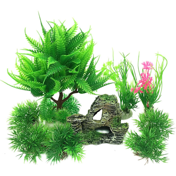 Fish Tank Decorations Plants With Rockery View, 9pcs Green Aquarium Plants Plastic