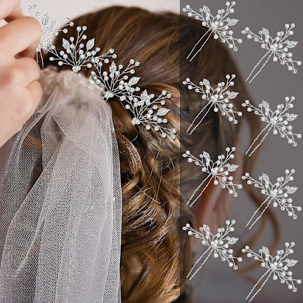 8 st bröllopshårnålar med pärlor, brudbladshårnålar med strass, brudtärnor hårnålar, bröllopshårtillbehör för kvinnor (silver)