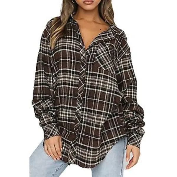 Dame Efterår Casual Skjorte Ternet Langærmet Cardigan (M Kaffe) Kaffe M[CO]