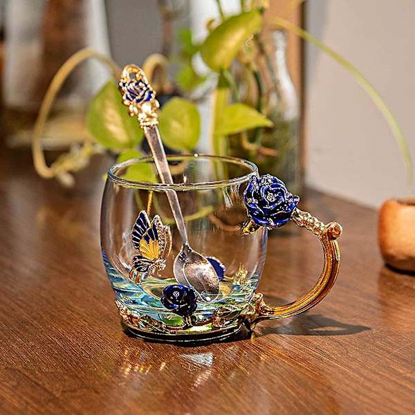 Emaljert glasskrus med sommerfugl og blomst - Blyfri drikketekopp - Kaffe krus