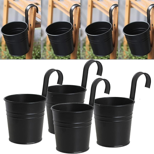 Set Of 4 Black Iron Hanging Planter Pots With Detachable Hook For Outdoor Indoor Or Outdoor