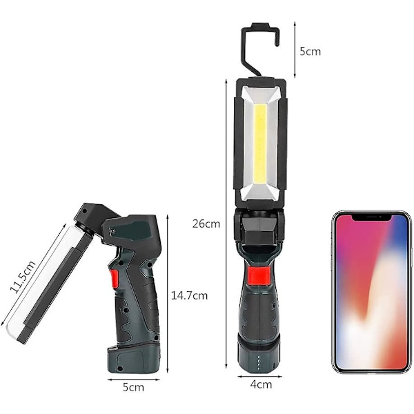 Led-taskulamppu, kannettava USB-ladattava tarkastuslamppu magneettijalustalla, 5 valotilaa