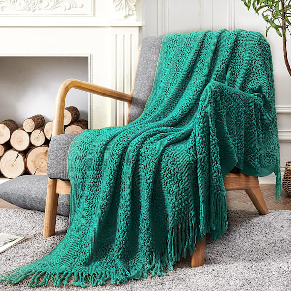Tykt kabelstrikket plaid til sofa og seng, let, blød og hyggelig plaid med frynser, dekorative tæpper og plaider, 127x152 cm Smaragdgrøn