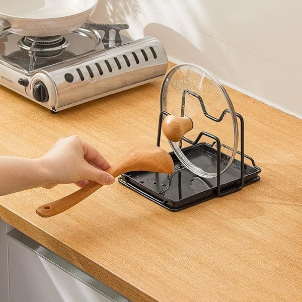 Pan Pot Lågholder Stativ Skærebræt Rack Skeholder Hakkebræt Organizer Stativ med Drypbakke (Sort)