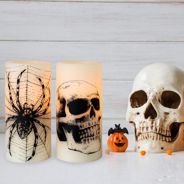 Halloween Flameless Candles, Battery Operated Real Wax LED Candles with Raven, Spider, Spiderweb and Skull for Halloween Decoration