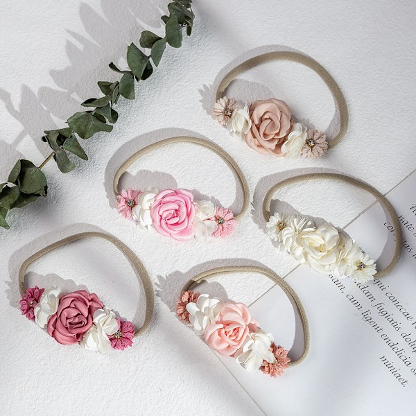 5-pack vita rosa blommiga hårband i nylon med vita och rosa blommor - Daisy blommor pannband elastiska hårband påsk
