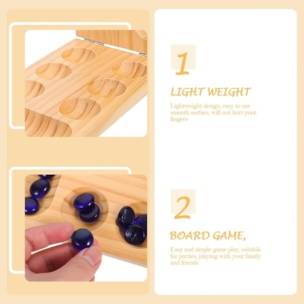 Mancala brädspel leksaksset: Roligt spel med träbräda, färgade glasstenar, förvaringsväska, lövträ, hopfällbart spelbräde för hela familjen