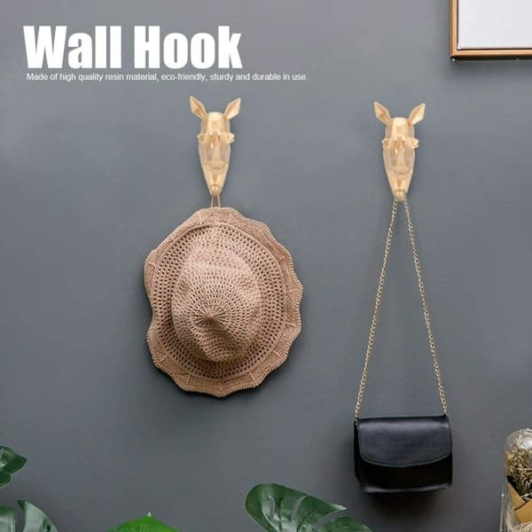 Simple Wall Hook, Gold Deer Head Resin Wall Hook with Screws and Adhesive Kit