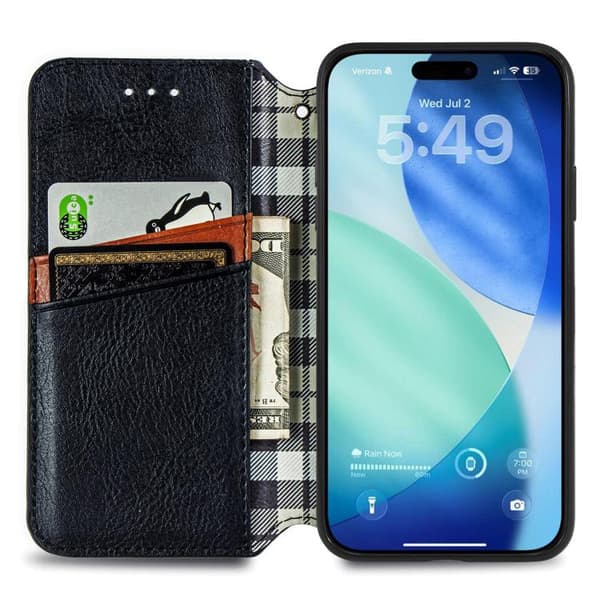 iPhone 17 Leather Case with Cubic Grid Design and Magnetic Closure Svart