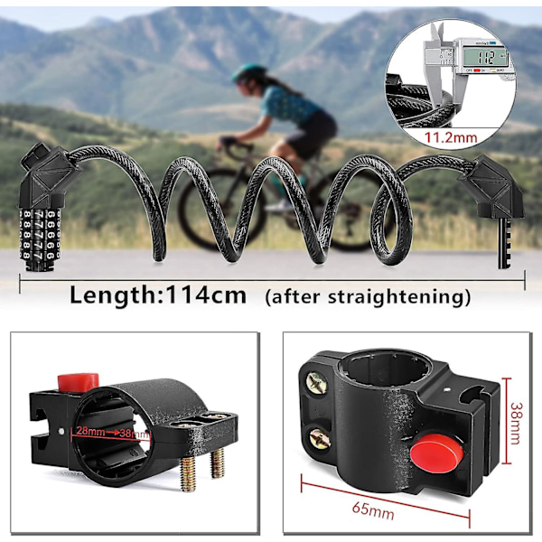 Cykel Lås Kombination Med 5-cifret Kode, Cykel Lås Høj Sikkerhed 114cm/11.2mm Cykel Lås, Cykel Lås Til Cykel Udendørs (sort)