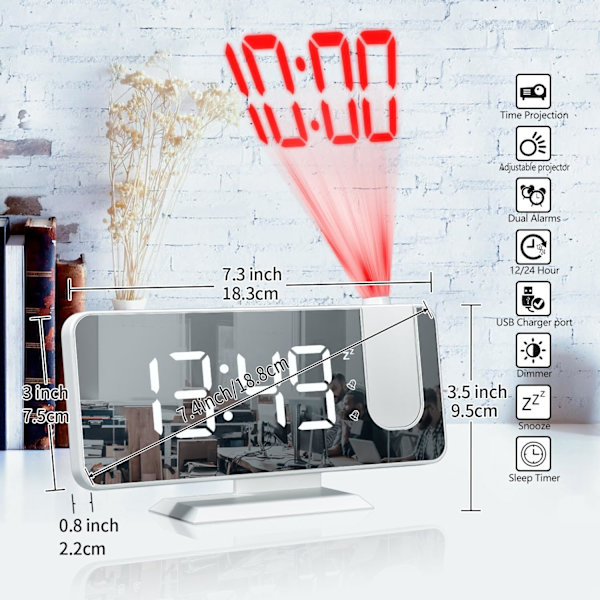 （vit）Digital väckarklocka – vitt hölje med vita lysdioder - Larm växer allt högre, batteribackup, enkel att använda med enkel drift