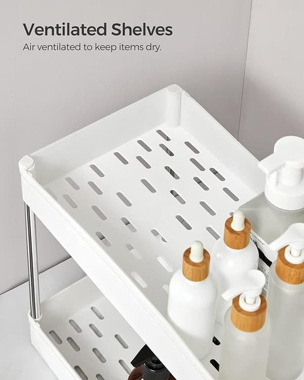 White, Under Sink Storage, Kitchen Shelf, Half Cabinet Shelf, 2 Tiers, with 6 Hooks, Under Sink Organizer, for Bathroom