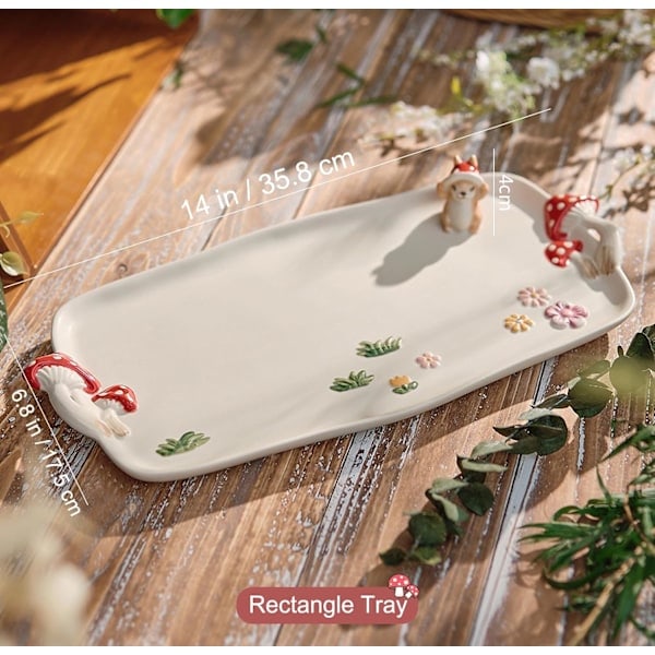 14\" Rektangulær Serveringsbrett i Keramikk med Soppform og Doble Håndtak for Dessert, Snacks, Bakverk, Stekeplater, Dekorativt Fat med Søte ...