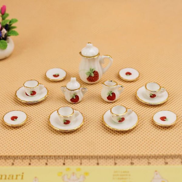 15 st/set Dockhus Miniatyr Keramisk Blommig Te Kannot Kopp Fat Underlägg Leksaksservis