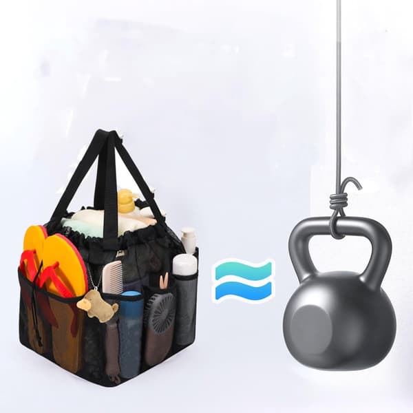 Brusepose, 8-lommers polyester mesh, snørelukning, hurtigtørrende organizer til fitness, camping, rejser og svømning, sort
