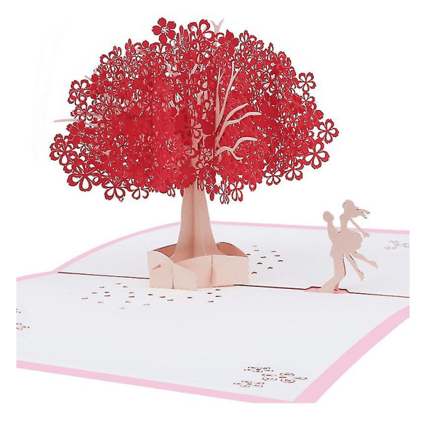 3D-avautuva kortti, romanttinen rakastajakortti pariskunnilla punaisen kirsikkapuun alla, vuosipäiväkortti