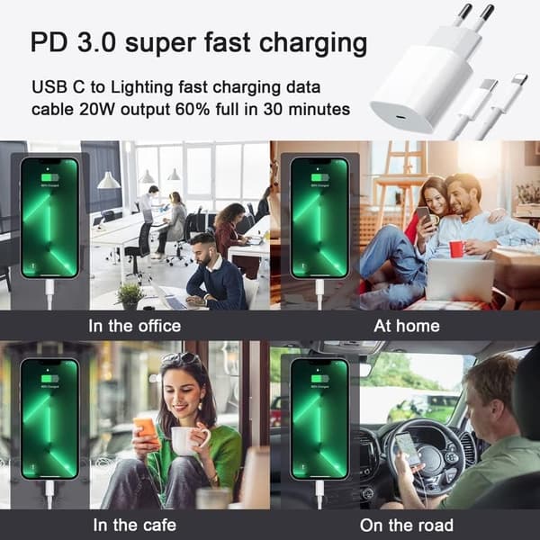 20W USB-C Strømadapter hurtigoplader iPhone + 1M Lightning Kabel
