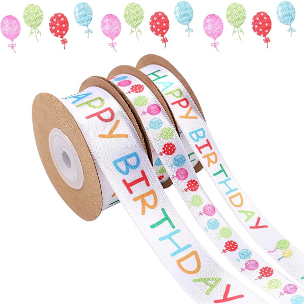 3 rullar Happy Birthday-band, 3/5\" och 1\" bred band för födelsedagstårta i vit satinpolyester